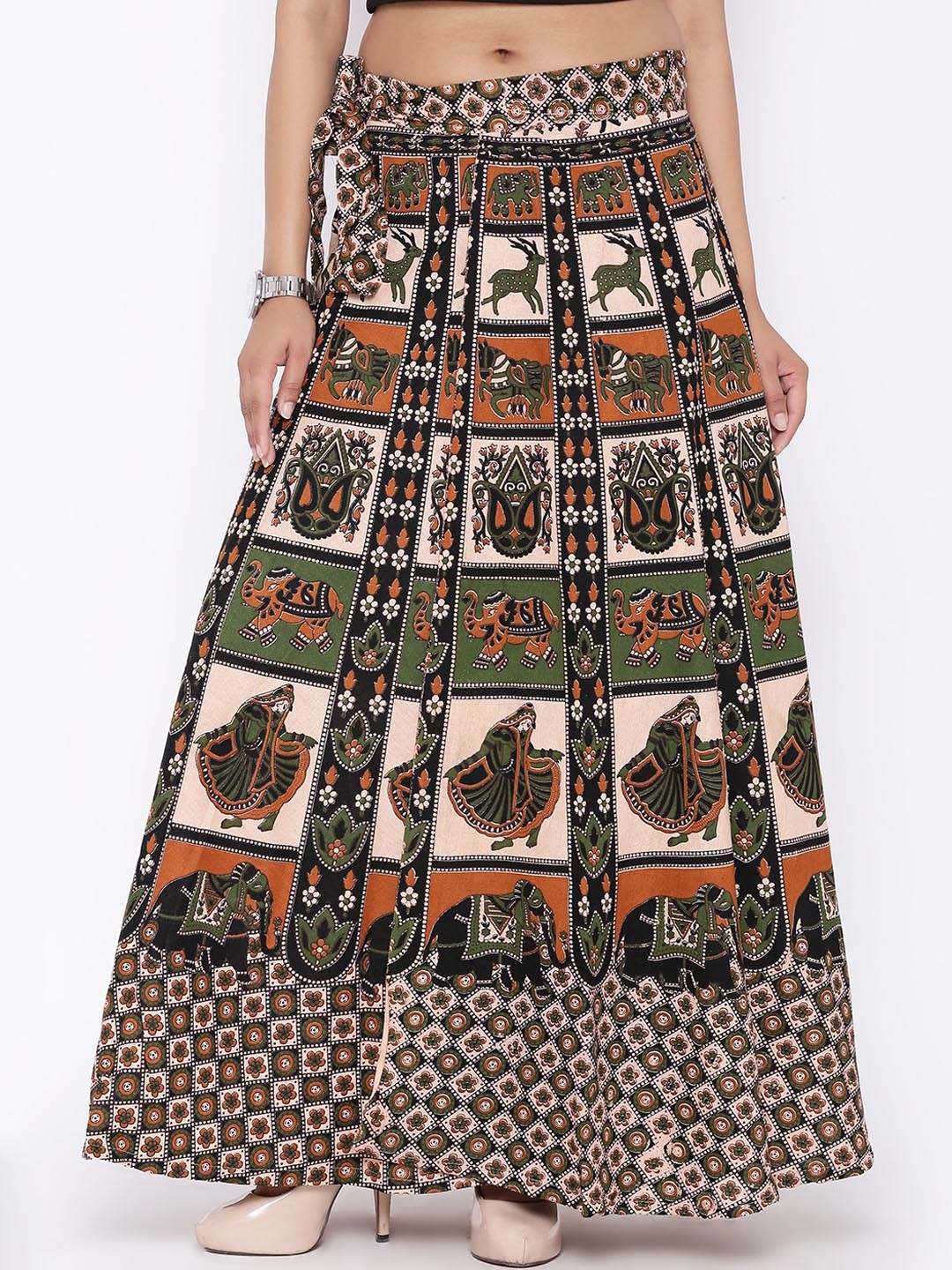 

SOUNDARYA Women Beige Printed Pure Cotton Wrap Maxi Skirts
