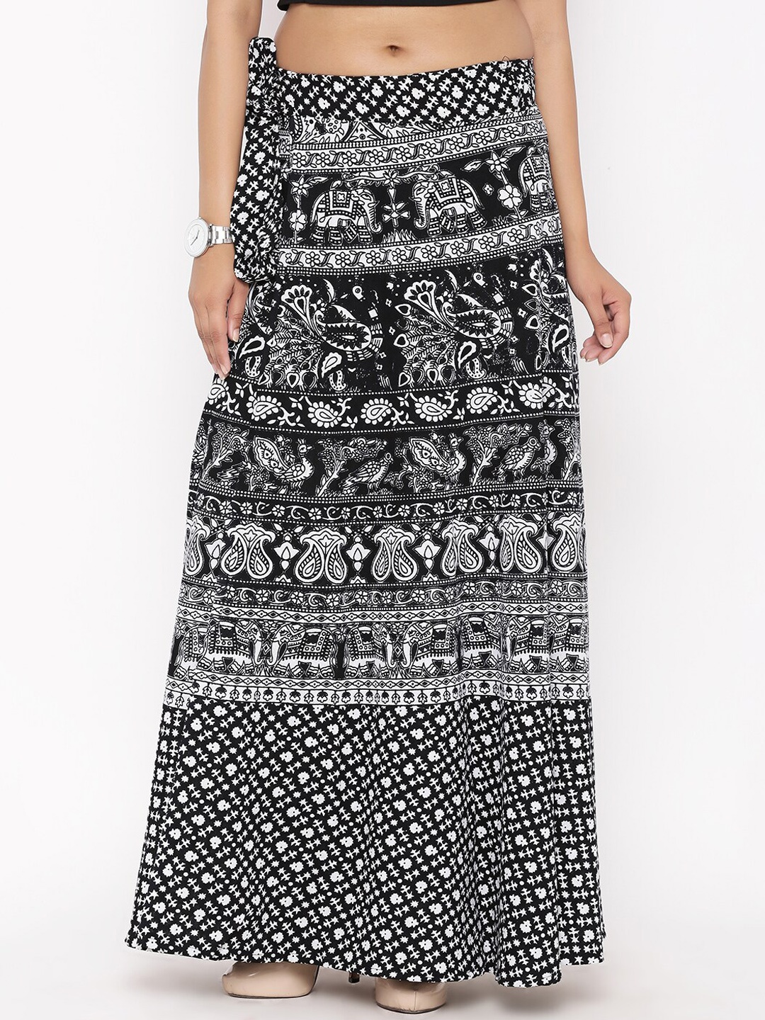 

SOUNDARYA Women Black Printed Cotton Flared Maxi Wrap Skirt