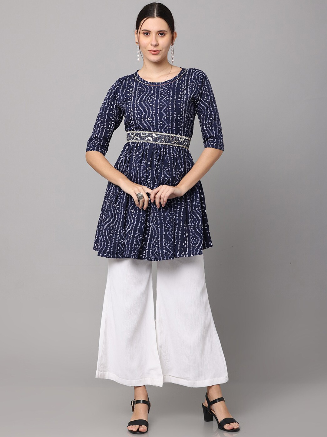 

NAYRA Women Navy Blue Bandhani Printed Pure Cotton Kurti with Sharara
