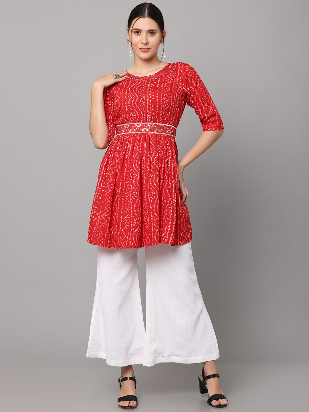 

NAYRA Women Red Bandhani Printed Pure Cotton Kurti with Sharara