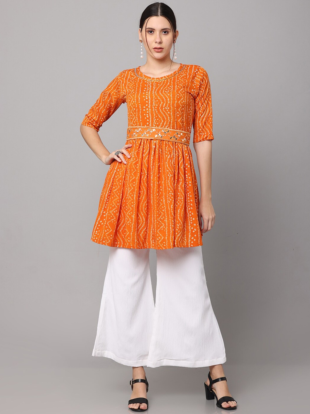 

NAYRA Women Orange Bandhani Printed Pure Cotton Kurti with Sharara