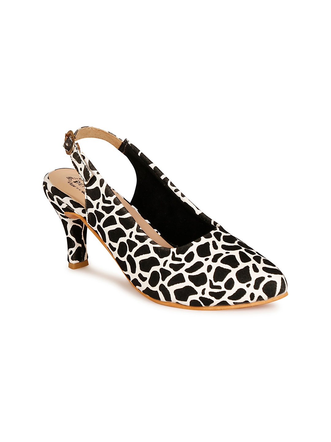 

Denill White & Black Printed Party Kitten Pumps with Buckles