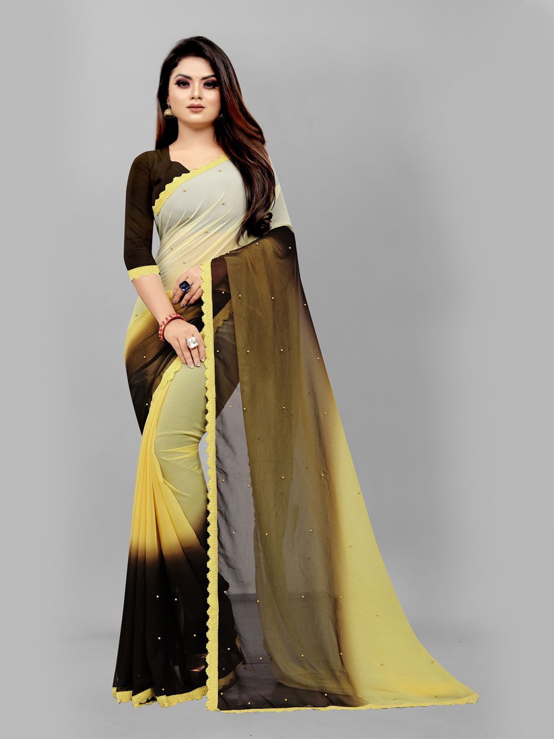 

Queenswear Creation Yellow & Brown Ombre Beads and Stones Pure Georgette Saree
