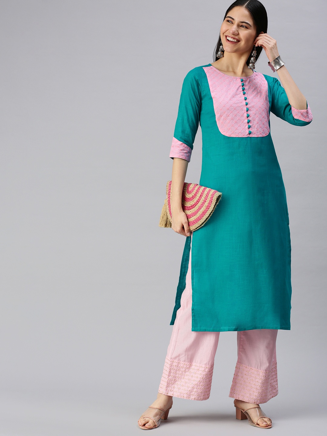 

KALINI Women Teal & Pink Straight Embroidered Kurta
