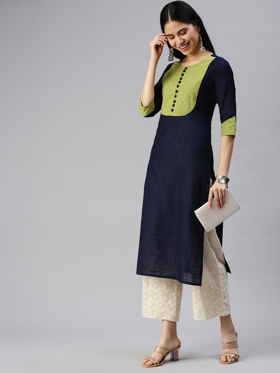 

KALINI Women Navy Blue & Green Straight Embroidered Kurta
