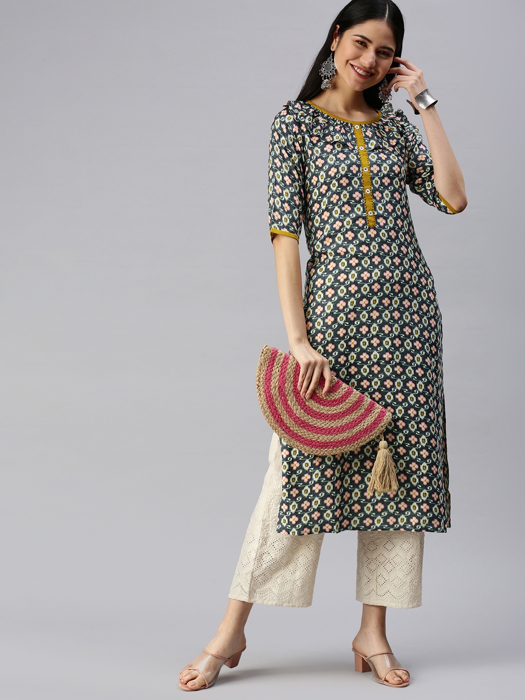 

KALINI Women Grey & Pink Floral Printed Kurta