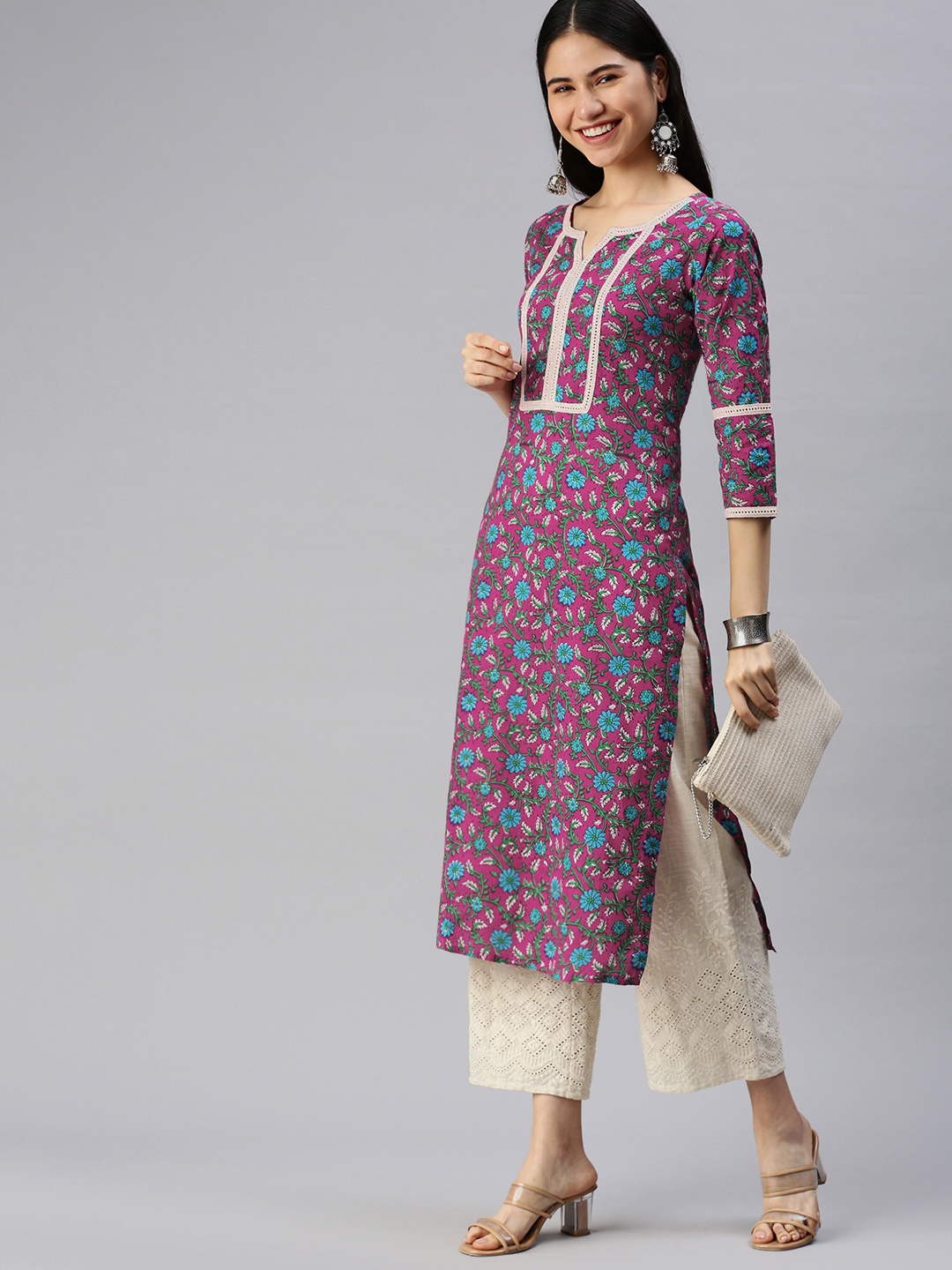 

KALINI Women Pink & Blue Ethnic Motifs Printed Kurta