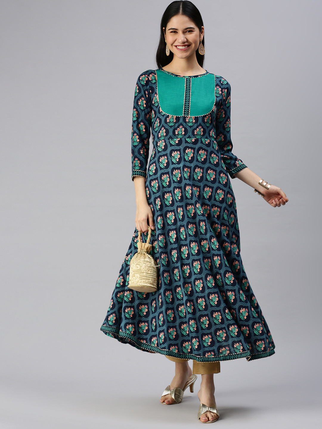 

KALINI Women Navy Blue & Green Ethnic Motifs Printed Anarkali Kurta