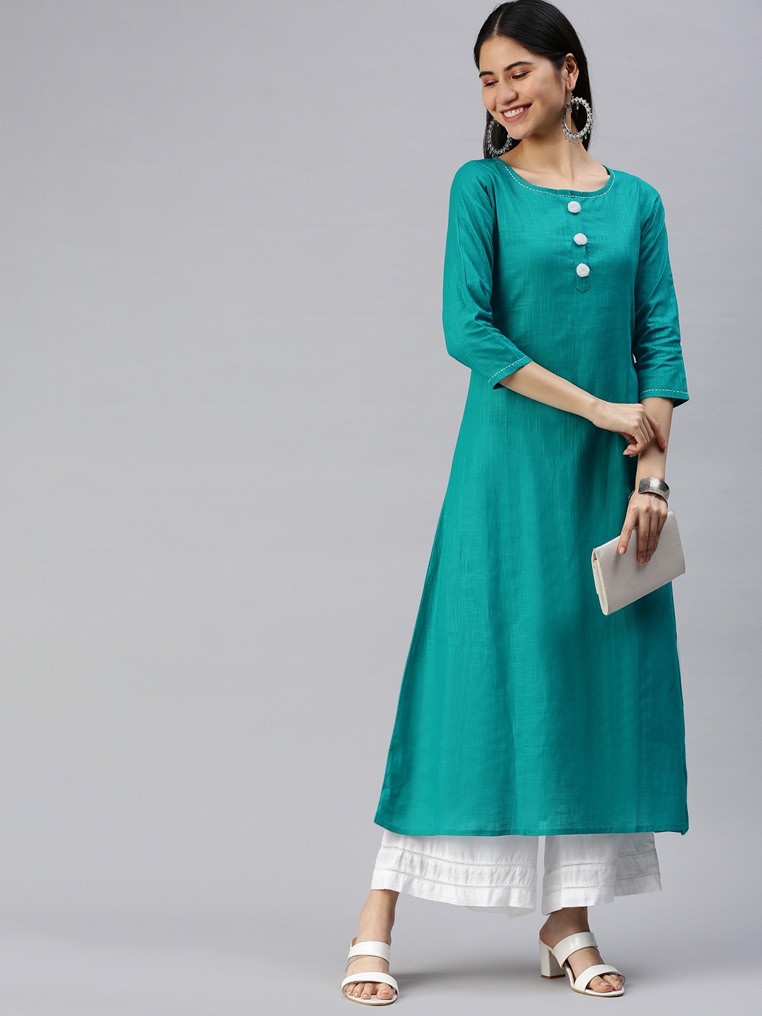 

KALINI Women Teal Green Pure Cotton Solid A-Line Kurta