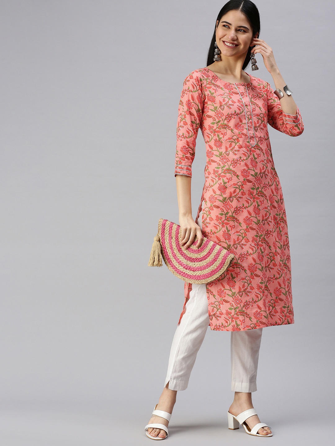 

KALINI Women Peach-Coloured & Green Floral Printed Kurta