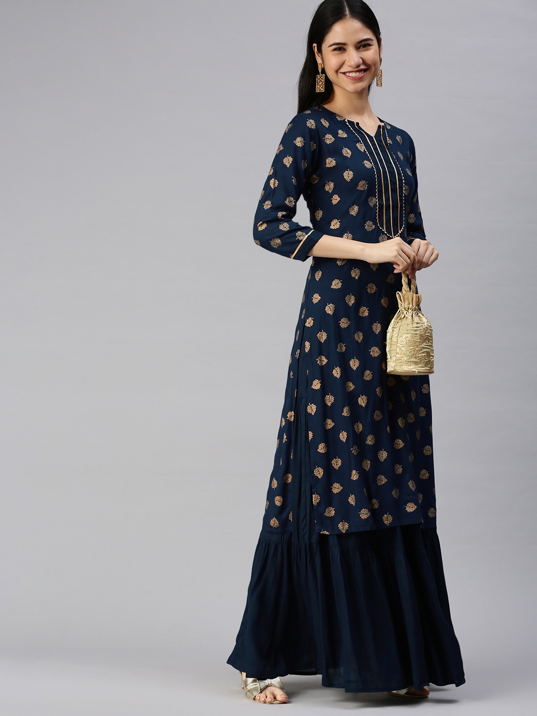 

KALINI Women Navy Blue & Golden Ethnic Motifs Printed Kurta with Skirt