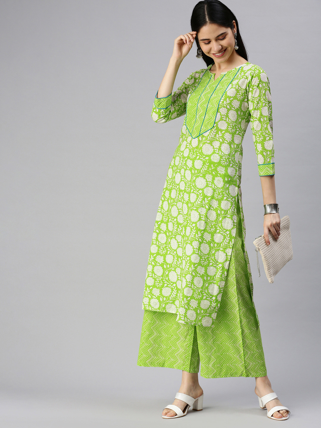

KALINI Women Green Floral Printed Pure Cotton Kurta with Palazzos