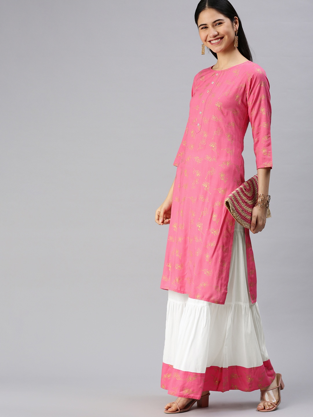 

KALINI Women Pink & Golden Floral Print Kurta with Sharara