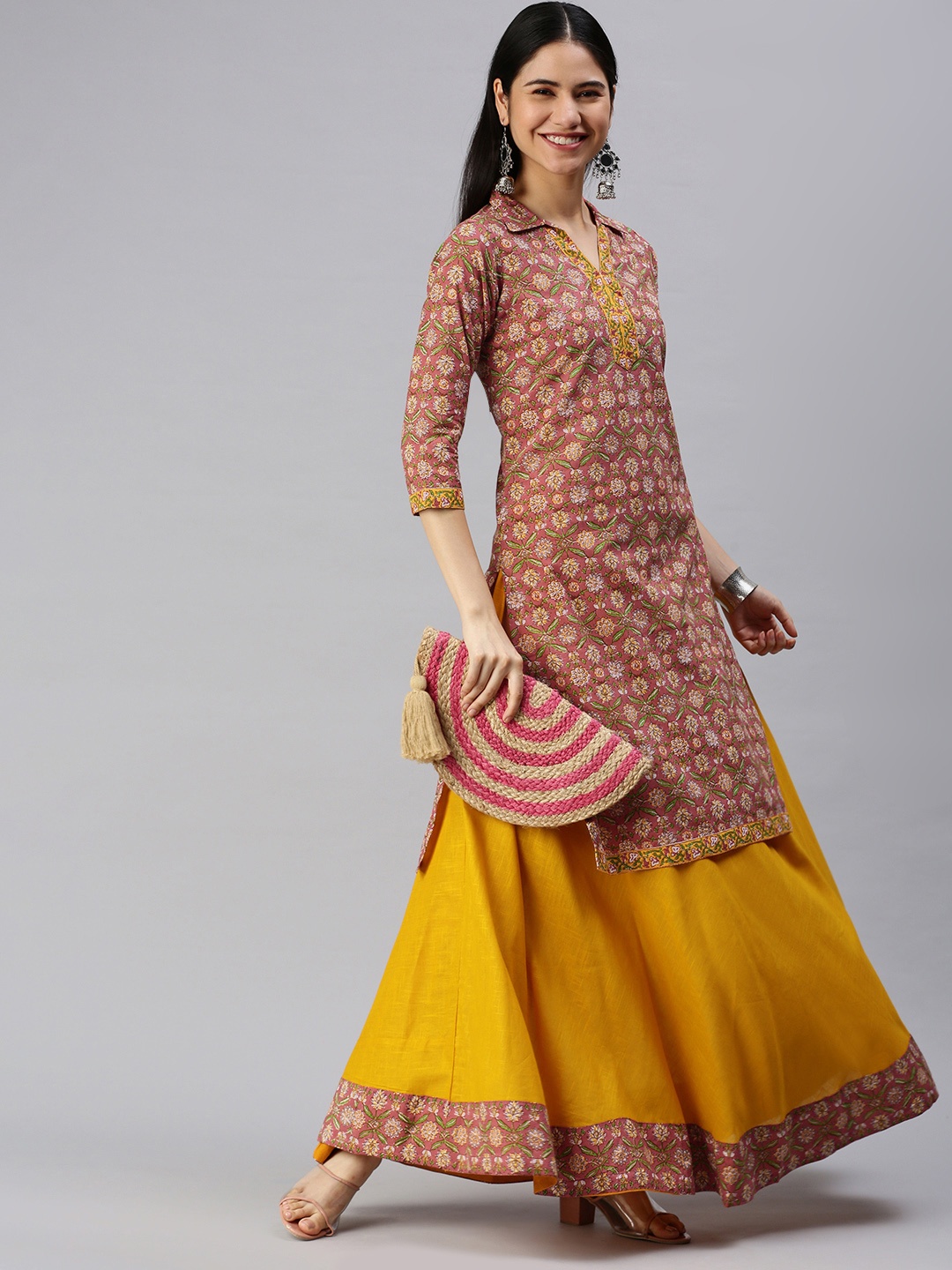 

KALINI Women Dusty Rose Pink Floral Print Pure Cotton Kurta with Skirt