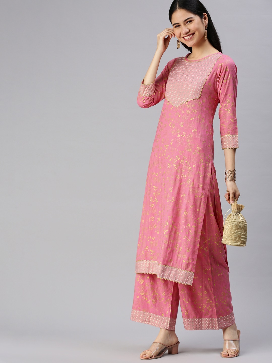 

KALINI Women Pink Floral Printed Kurta with Palazzos
