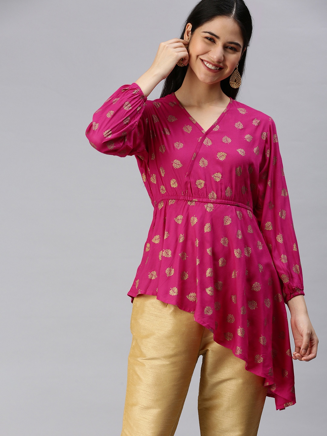 

KALINI Pink & Golden Printed Ethnic Top
