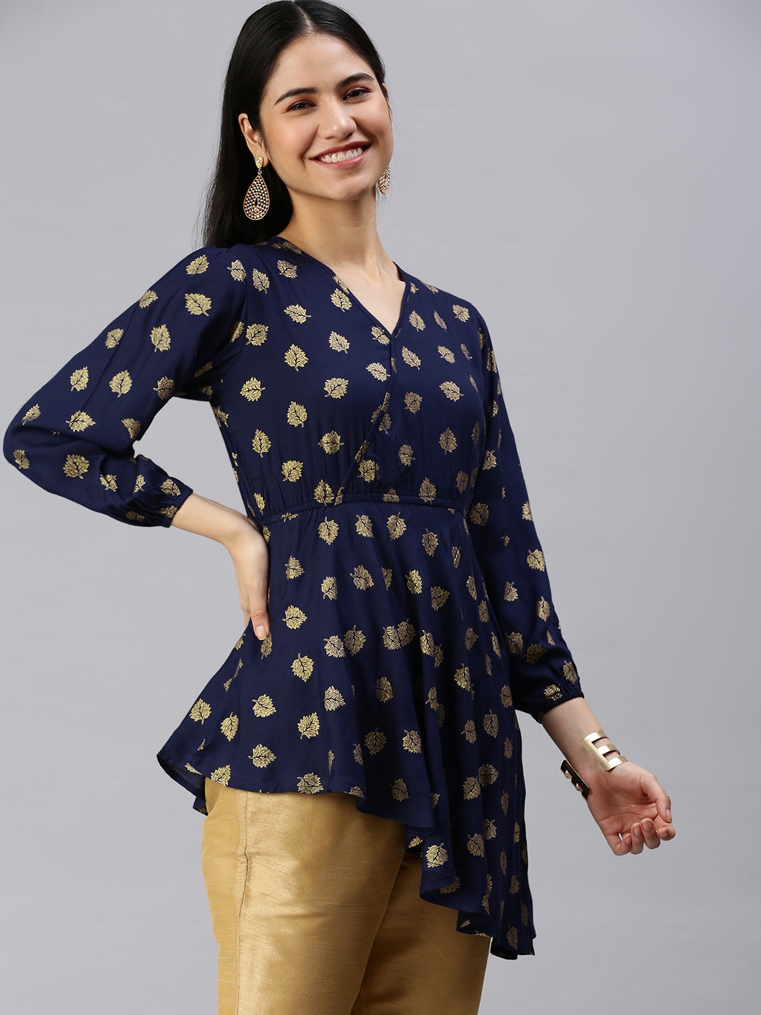 

KALINI Navy Blue & Golden Printed Ethnic Top