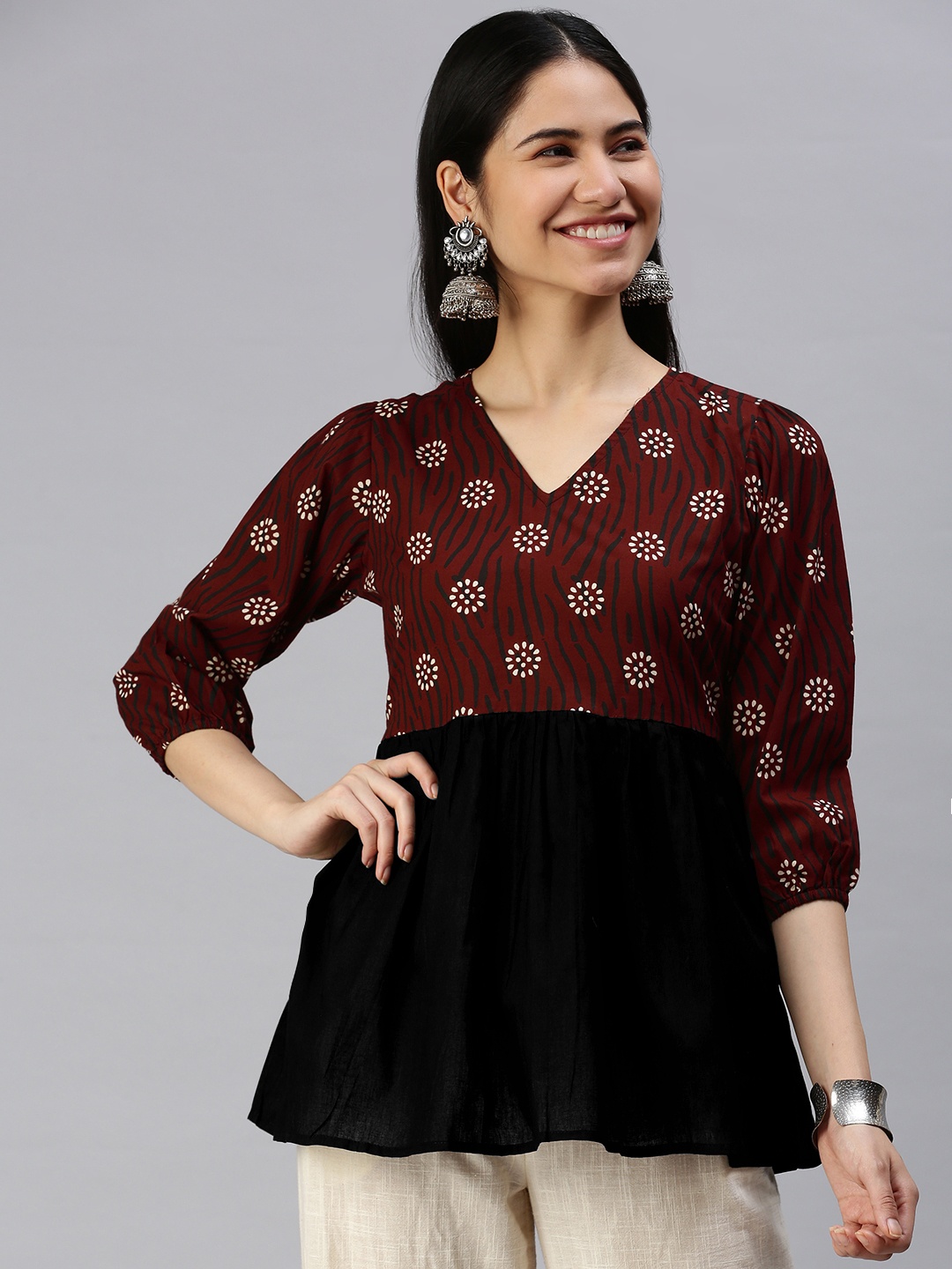 

KALINI Maroon & Black Printed Ethnic Top