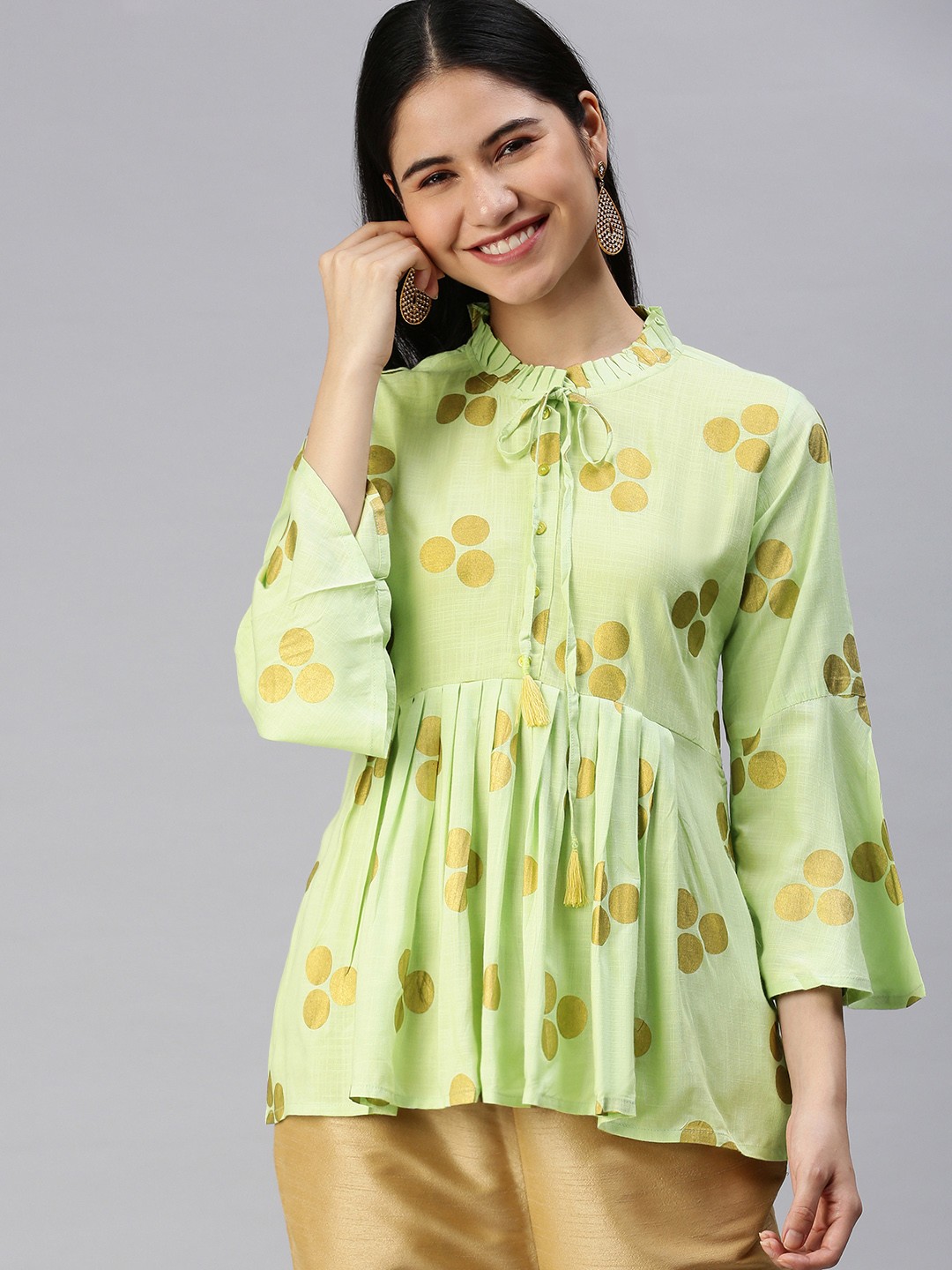 

KALINI Green & Yellow Printed Ethnic Top