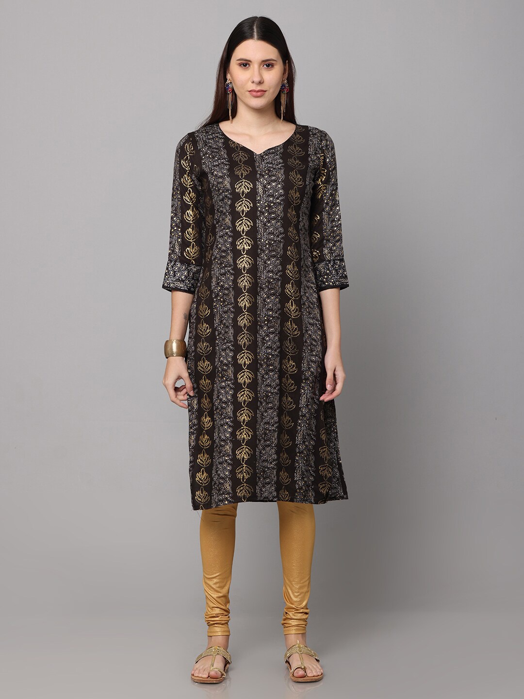 

NAYRA Women Black & Gold-Toned Ethnic Motifs Printed Kurta