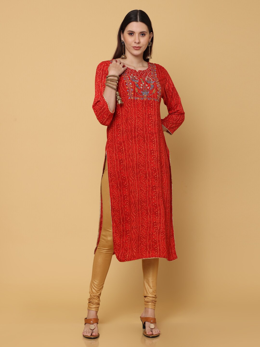 

NAYRA Women Red Ethnic Motifs Printed Thread Work Floral Kurta