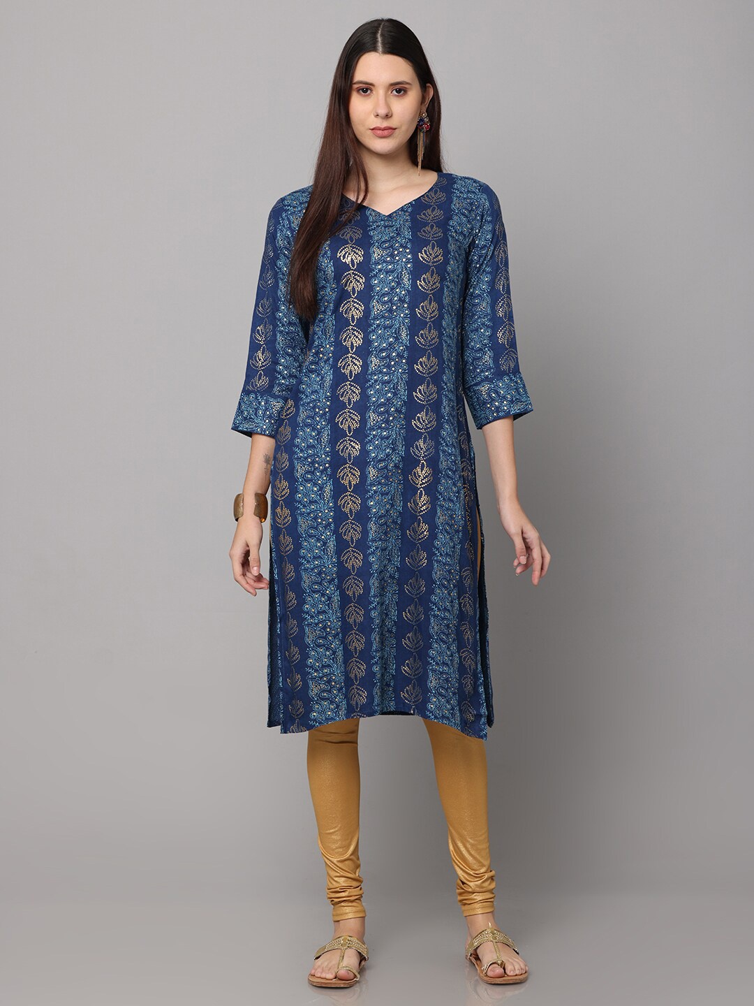 

NAYRA Women Blue & Gold-Toned Floral Printed Floral Kurta