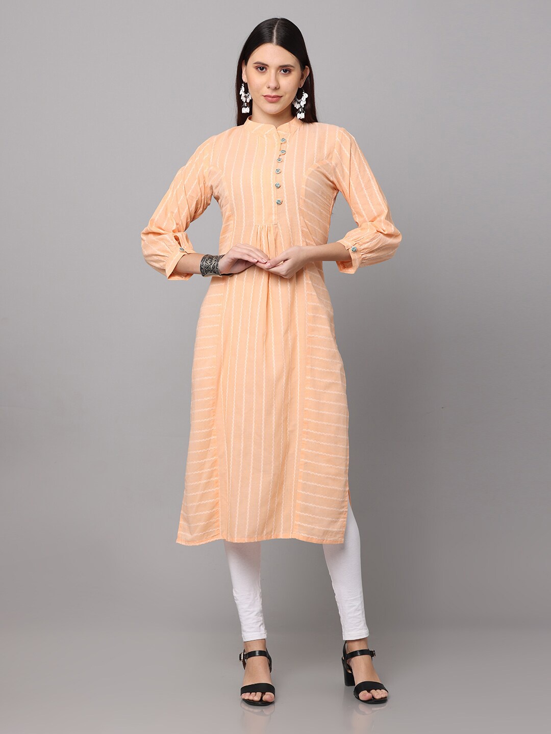 

NAYRA Women Orange Striped Pastels Cotton Kurta