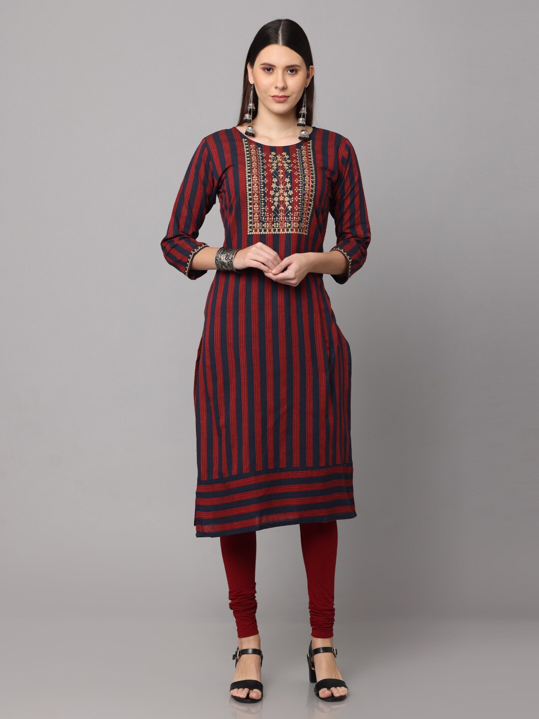 

NAYRA Women Red & Black Striped Thread Work Cotton Kurta