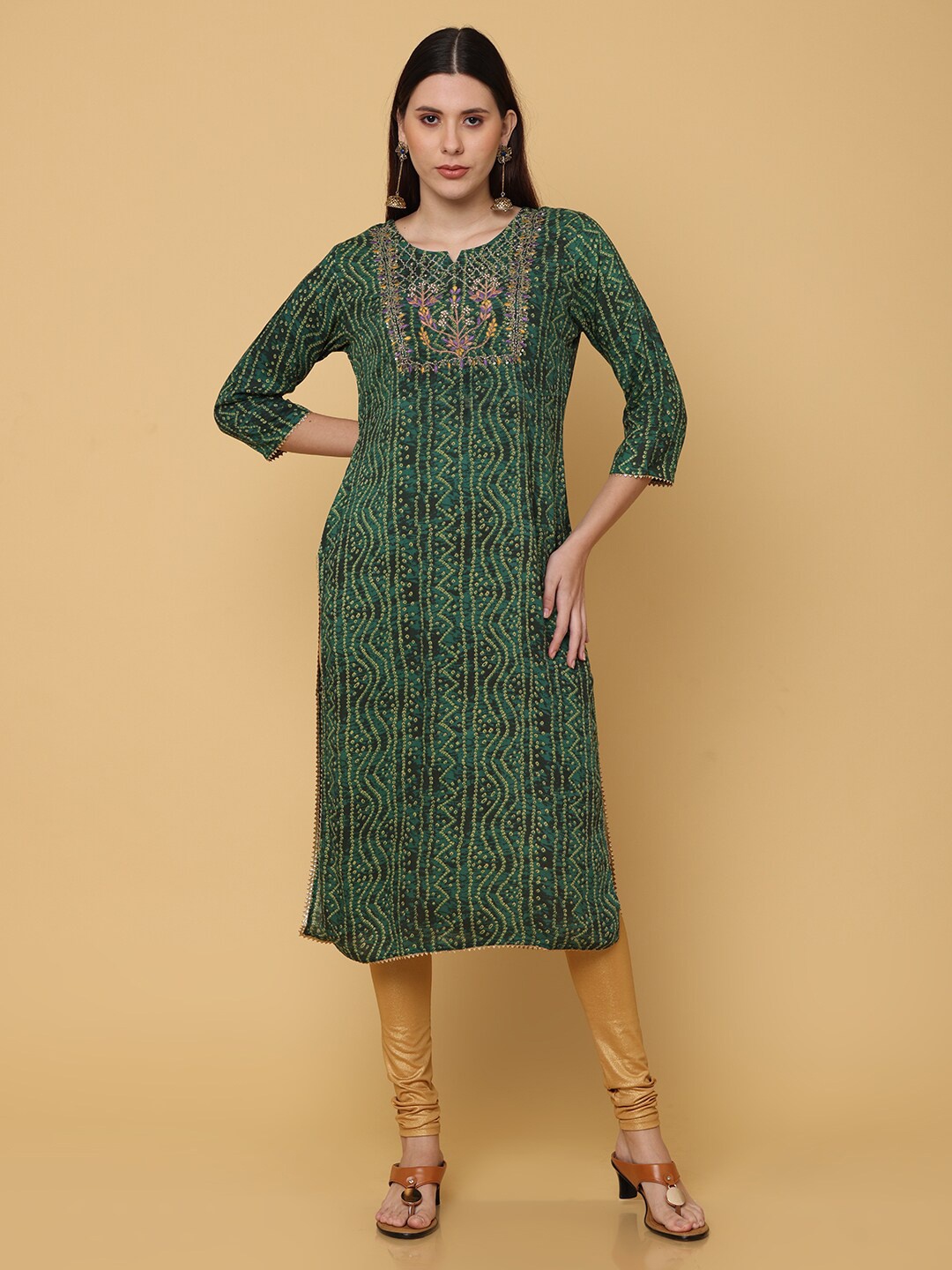 

NAYRA Women Green & Violet Bandhani Printed Pure Cotton Kurta