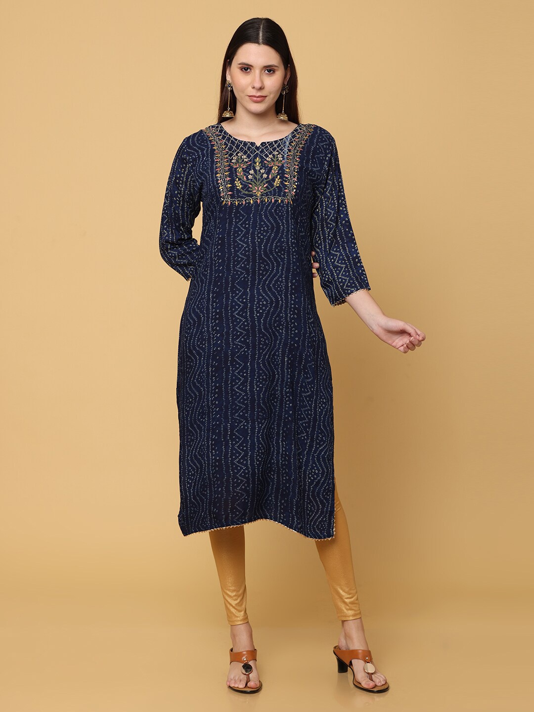 

NAYRA Women Navy Blue Ethnic Motifs Embroidered Straight Kurta