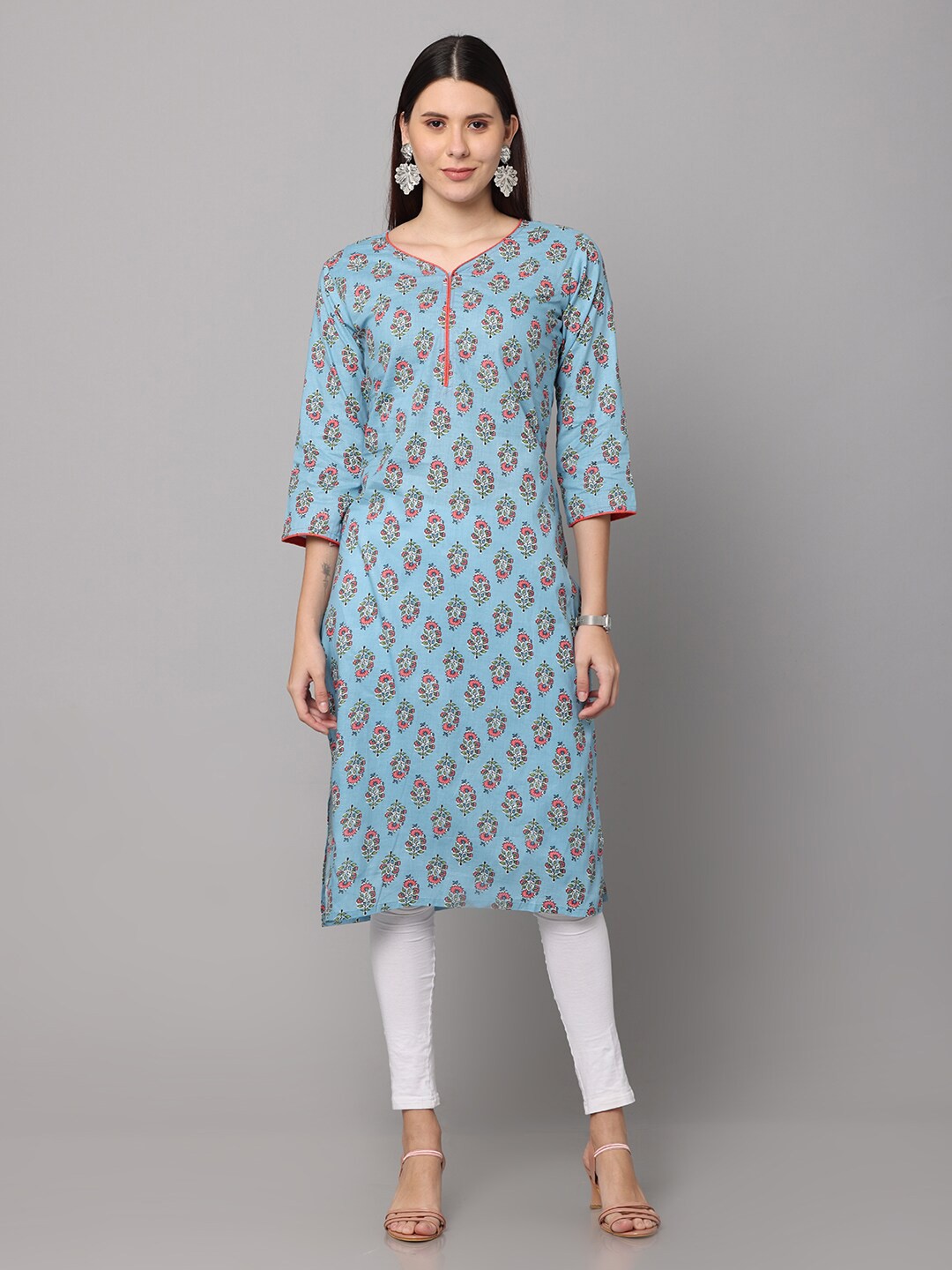 

NAYRA Women Blue &Pink Printed Cotton Straight Kurta