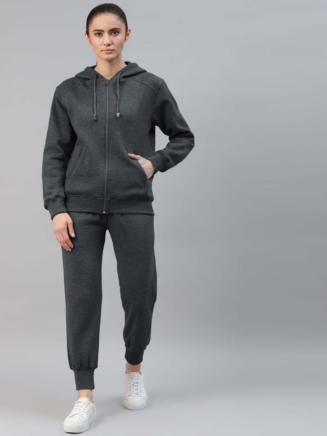 

Laabha Women Grey Solid Hooded Tracksuit