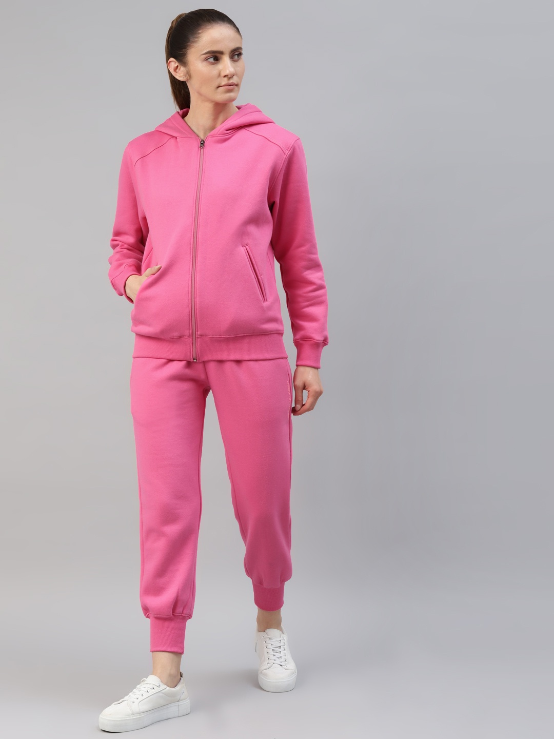 

Laabha Women Pink Solid Hooded Tracksuit