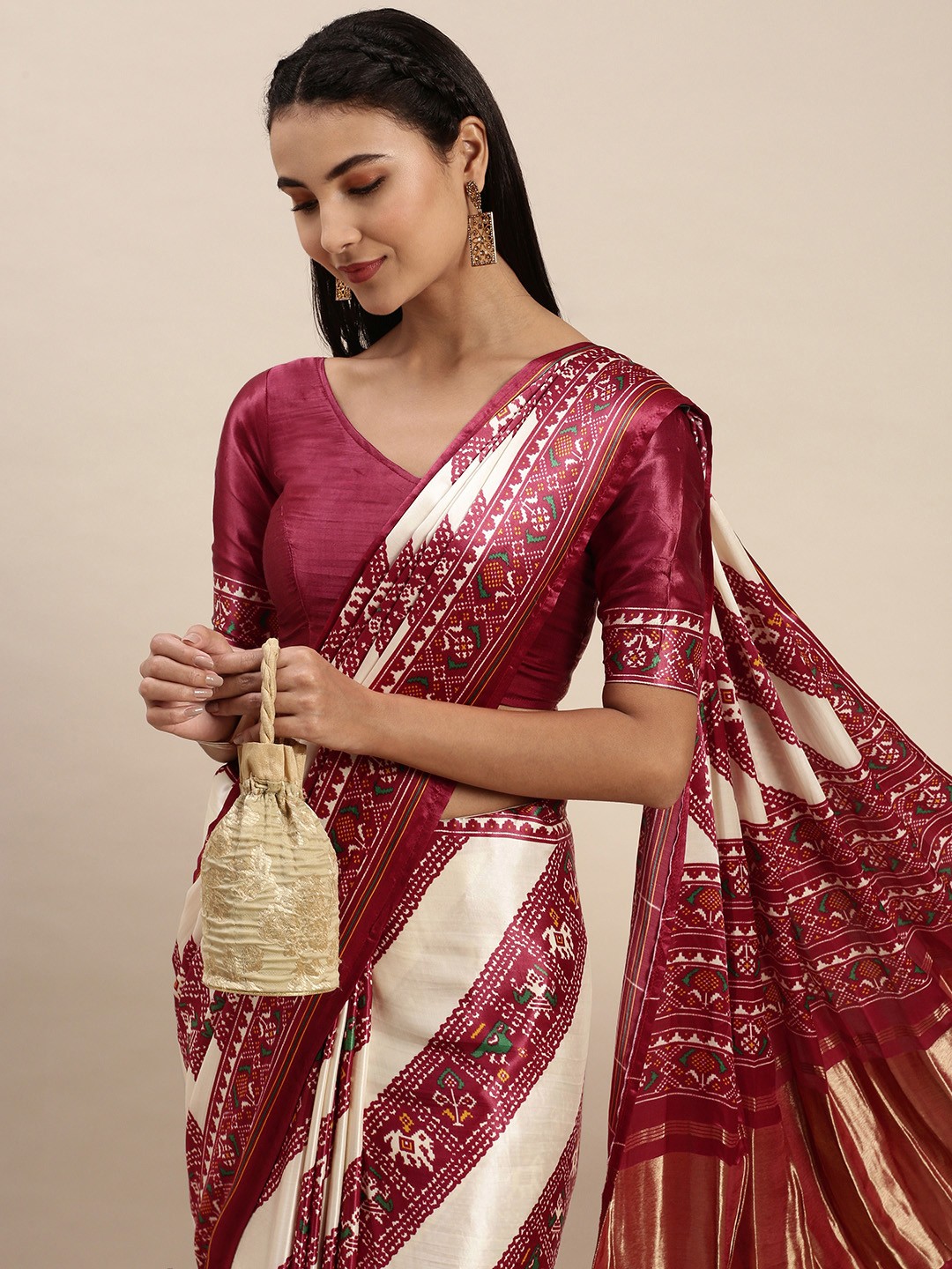 

LOOKNBOOK ART Off White & Maroon Printed Pure Gaji Silk With Lagadi Patta Saree