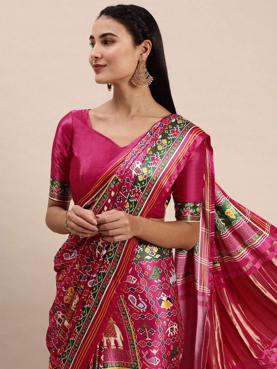 

LOOKNBOOK ART Pink Printed Pure Gaji silk With Lagadi Patta Saree