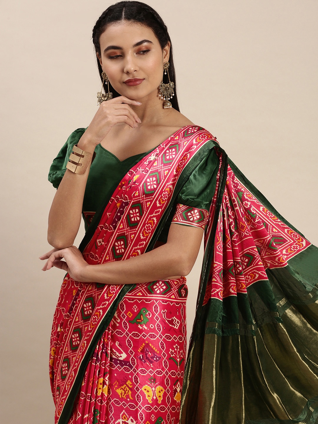 

LOOKNBOOK ART Green & Red Printed Pure Gaji Silk with Lagadi Patta Saree