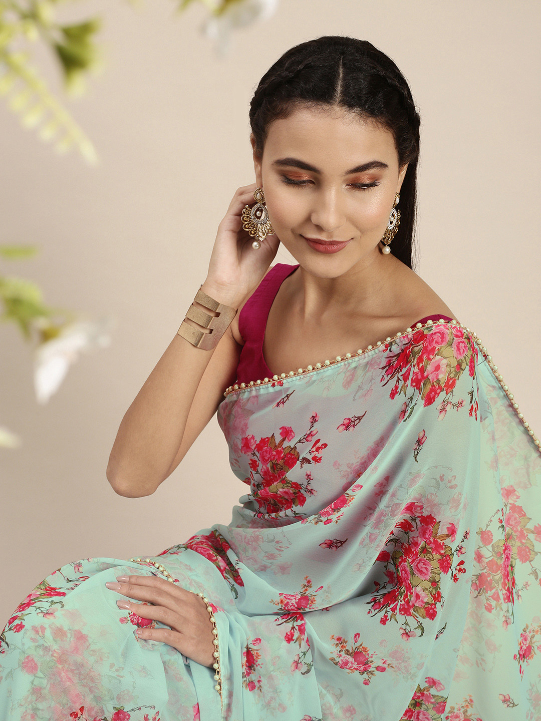 

LOOKNBOOK ART Blue Georgette with Floral Printed Saree