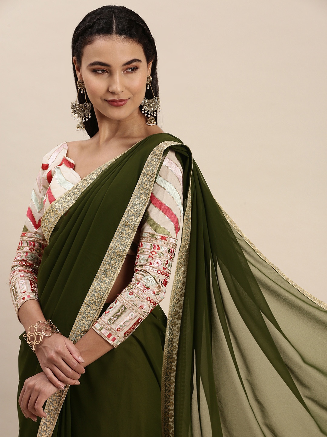 

LOOKNBOOK ART Green Georgette with Thread & Sequins Embroidery Work Lace Border Saree