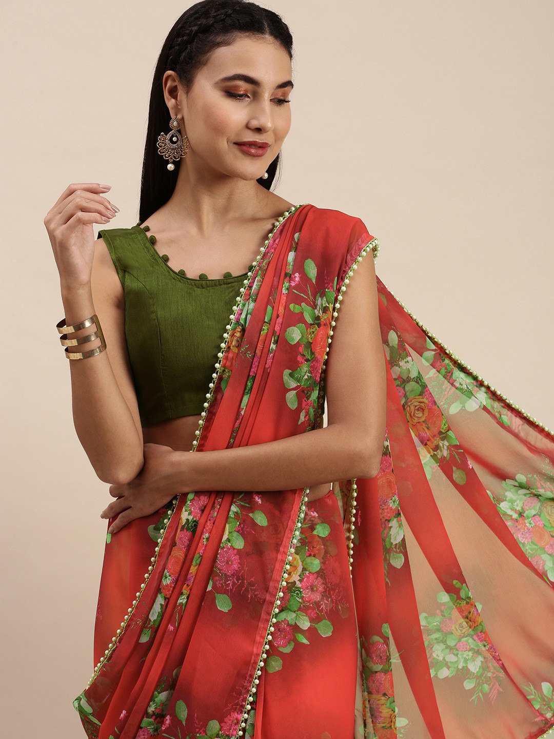 

LOOKNBOOK ART Red Georgette with Floral Printed Saree