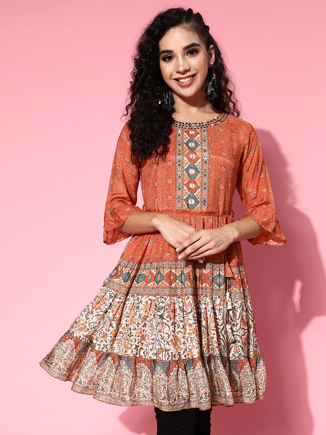 

ZOLA Women Bright Orange Modal Fluid Tie-Up Tunic