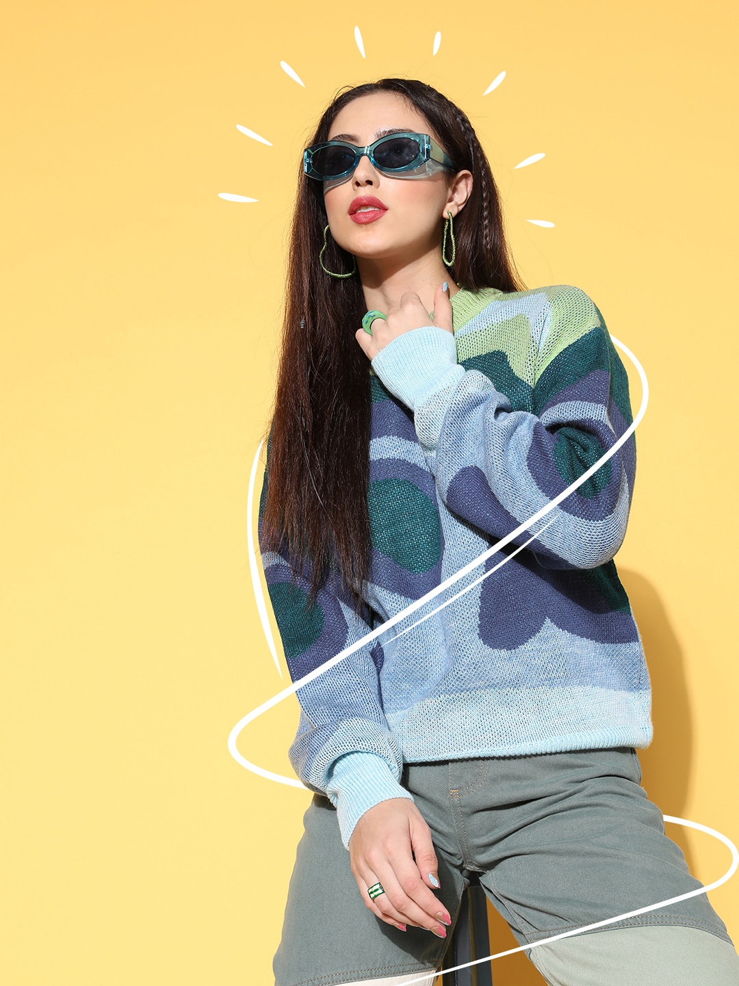 

Berrylush Women Attractive Blue Abstract Knits Bits Sweater