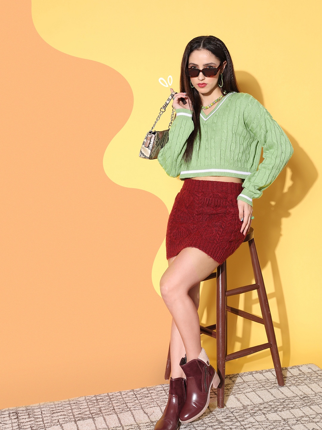 

Berrylush Women Green Cable Knit Knits Bits Sweater