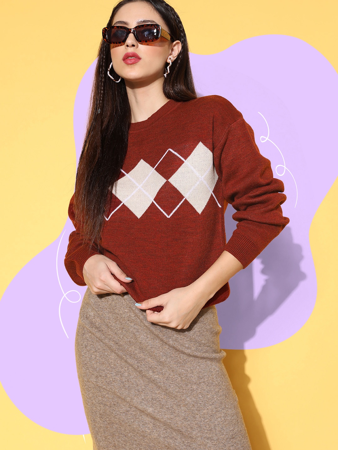 

Berrylush Women Brown Geometric Knits Bits Sweater