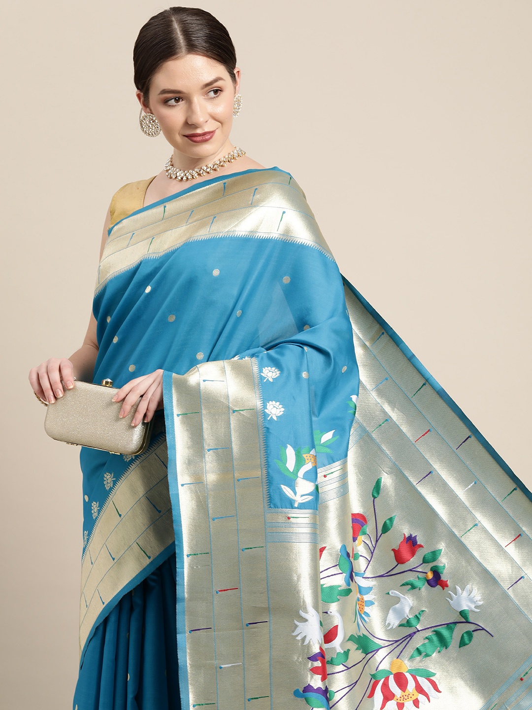 

Mitera Blue & Silver-Toned Floral Zari Silk Blend Paithani Saree