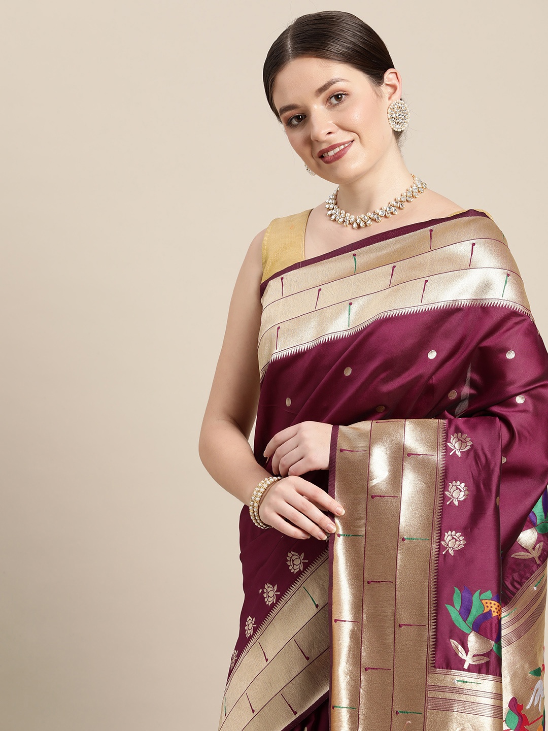 

Mitera Maroon & Gold-Toned Ethnic Motifs Zari Silk Blend Paithani Saree