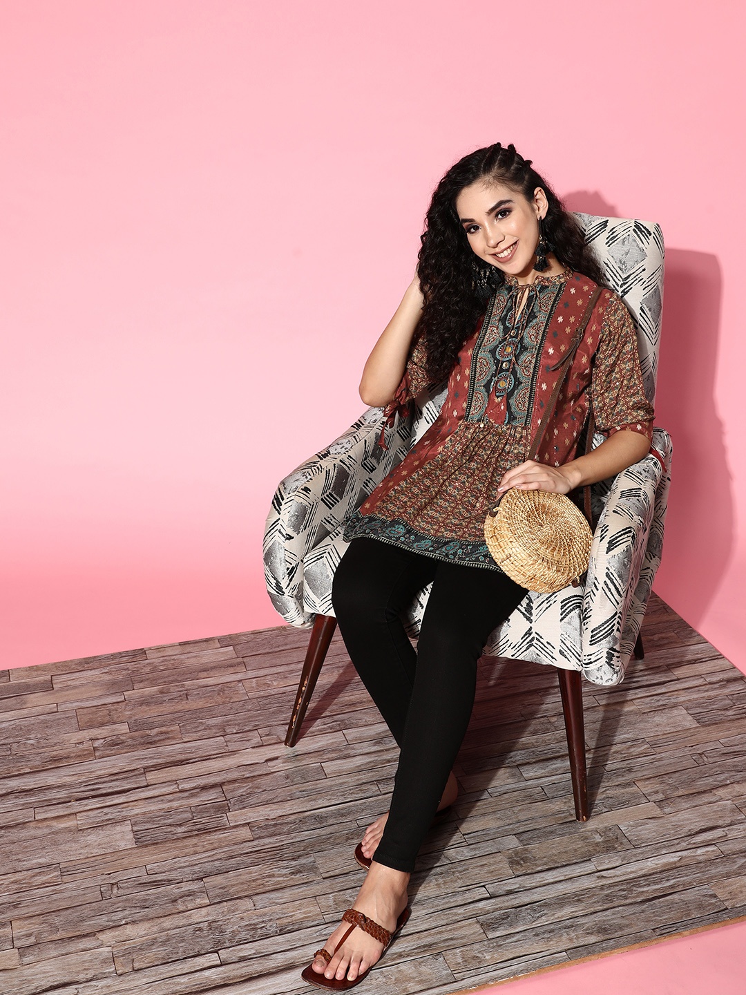 

ZOLA Women Maroon Modal Fluid Tie-Up Tunic