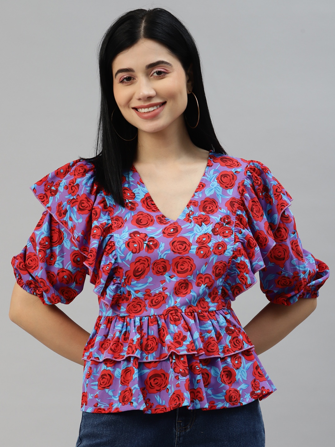 

plusS Purple & Red Floral Print Layered Peplum Top