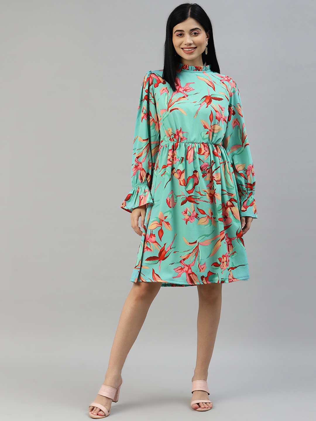 

plusS Sea Green & Pink Floral A-Line Dress