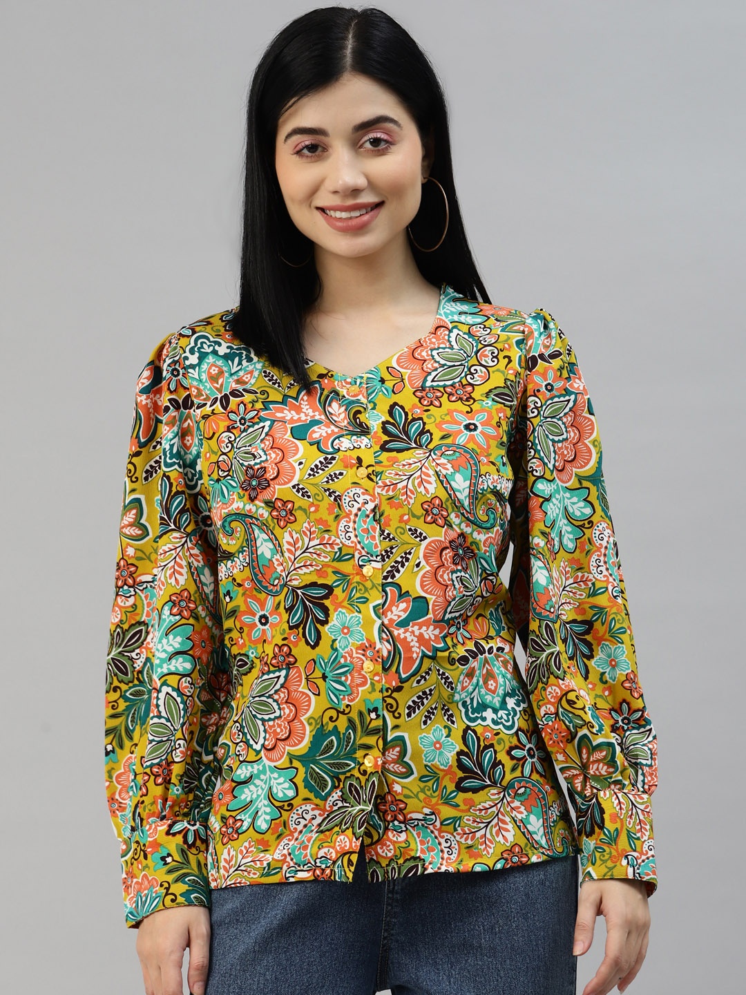 

plusS Women Yellow Floral Printed Casual Shirt