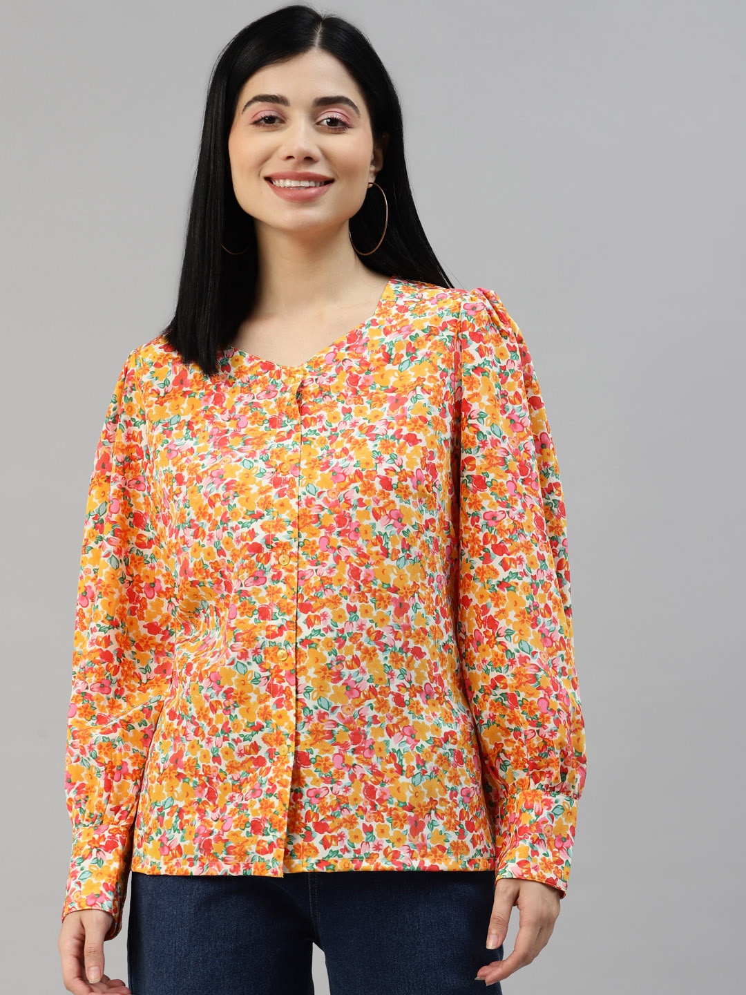 

plusS Women Orange Floral Printed Casual Shirt